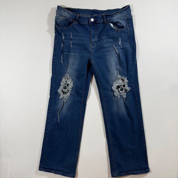 Stretchy Jeans Skull Ripped Denim Blue L Unique Grunge Rocker Punk Streetwear - Picture 2 of 11